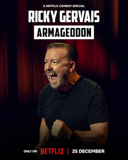 rickygervais's tweet photo. #Armageddon was my favourite tour so far. Thanks to everyone who bought a ticket and to everyone who tried. You helped me break world records and raise millions for animal charities. Watch it on Netflix from December 25th. Merry Christmas. https://t.co/bEct7GCVLu