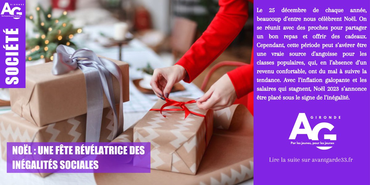 AGarde33's tweet photo. [SOCIÉTÉ]
📢 Noël : Une fête révélatrice des inégalités sociales.

📰 Article à lire juste ici : https://t.co/5zUoDKfuHk https://t.co/b36GHofWv4