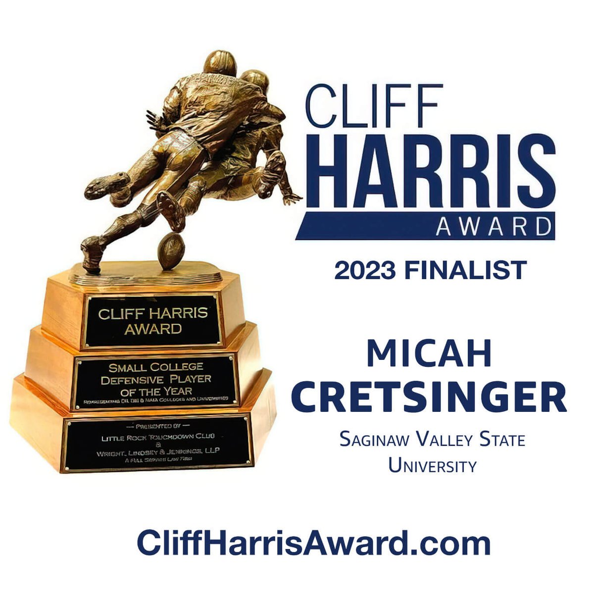 Congratulations to Micah Cretsinger from Saginaw Valley State University on your selection as a finalist for the 2023 D2 Cliff Harris Award! <a href="/svsu_football/">SVSU Football</a> <a href="/svsuathletics/">svsuathletics</a> <a href="/Mike21Money/">Micah Cretsinger</a>