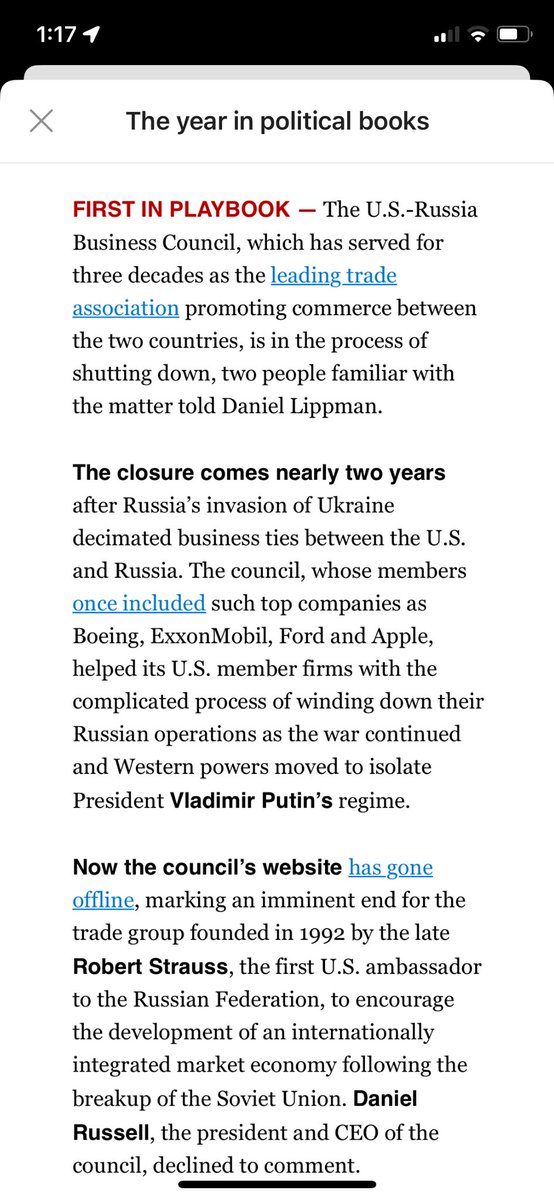 SCOOP: The U.S.-Russia Business Council, which has served for three decades as the leading trade association promoting commerce between the two countries, is in the process of shutting down, two people familiar with the matter told me. politico.com/newsletters/pl…