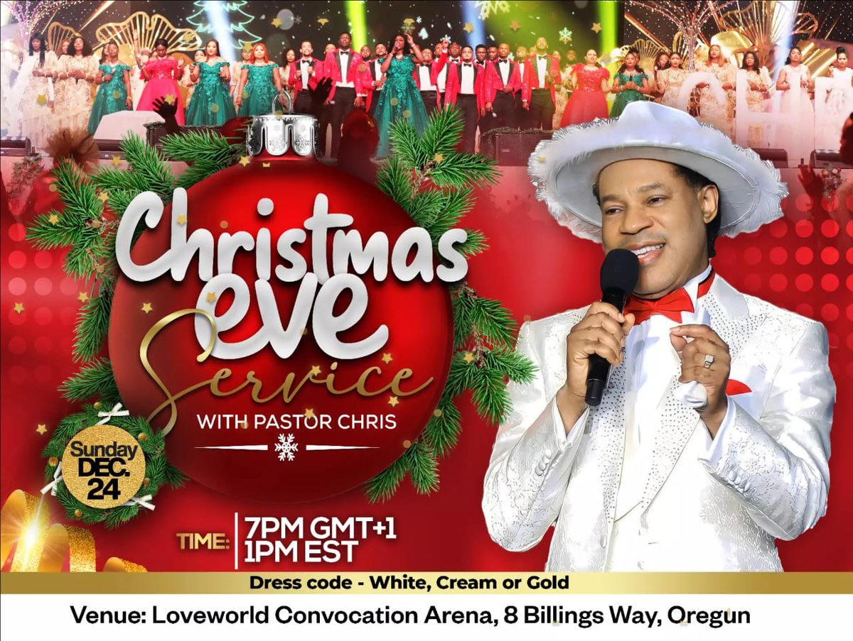 goldie_bee09's tweet photo. 🎄Don't miss this special Christmas Eve Service with Pastor Chris!
Date: Sunday, December 24th, 2023.
Venue: LCA Auditorium, Billings Way, Oregun, Lagos State
Colours: White, Cream or Gold
It'll be streamed live 👉🏽https://t.co/jfkBCfrFLq
Tell it everywhere!
#ChristmasEve #lmam https://t.co/b6aTjHdrqL