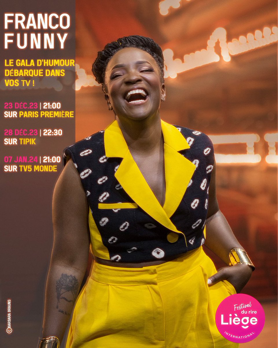 Cécile Djunga (@ceciledjunga) on Twitter photo Cadeau de fin d’année!💝
Allume ta #TV et marre toi avec nous🤗
Hâte que vous découvriez tous ces #humoristes venus des 4 coins de la #francophonie pour vous faire marrer!
Alors, tu regardes quand?⤵️
🇫🇷23/12 <a href="/ParisPremiere/">Paris Première</a>
🇧🇪28/12 <a href="/tipikrtbf/">Tipik - RTBF</a>
🌍07/01 @tv5monde
#francofunny Cadeau de fin d’année!💝
Allume ta #TV et marre toi avec nous🤗
Hâte que vous découvriez tous ces #humoristes venus des 4 coins de la #francophonie pour vous faire marrer!
Alors, tu regardes quand?⤵️
🇫🇷23/12 <a href="/ParisPremiere/">Paris Première</a>
🇧🇪28/12 <a href="/tipikrtbf/">Tipik - RTBF</a>
🌍07/01 @tv5monde
#francofunny