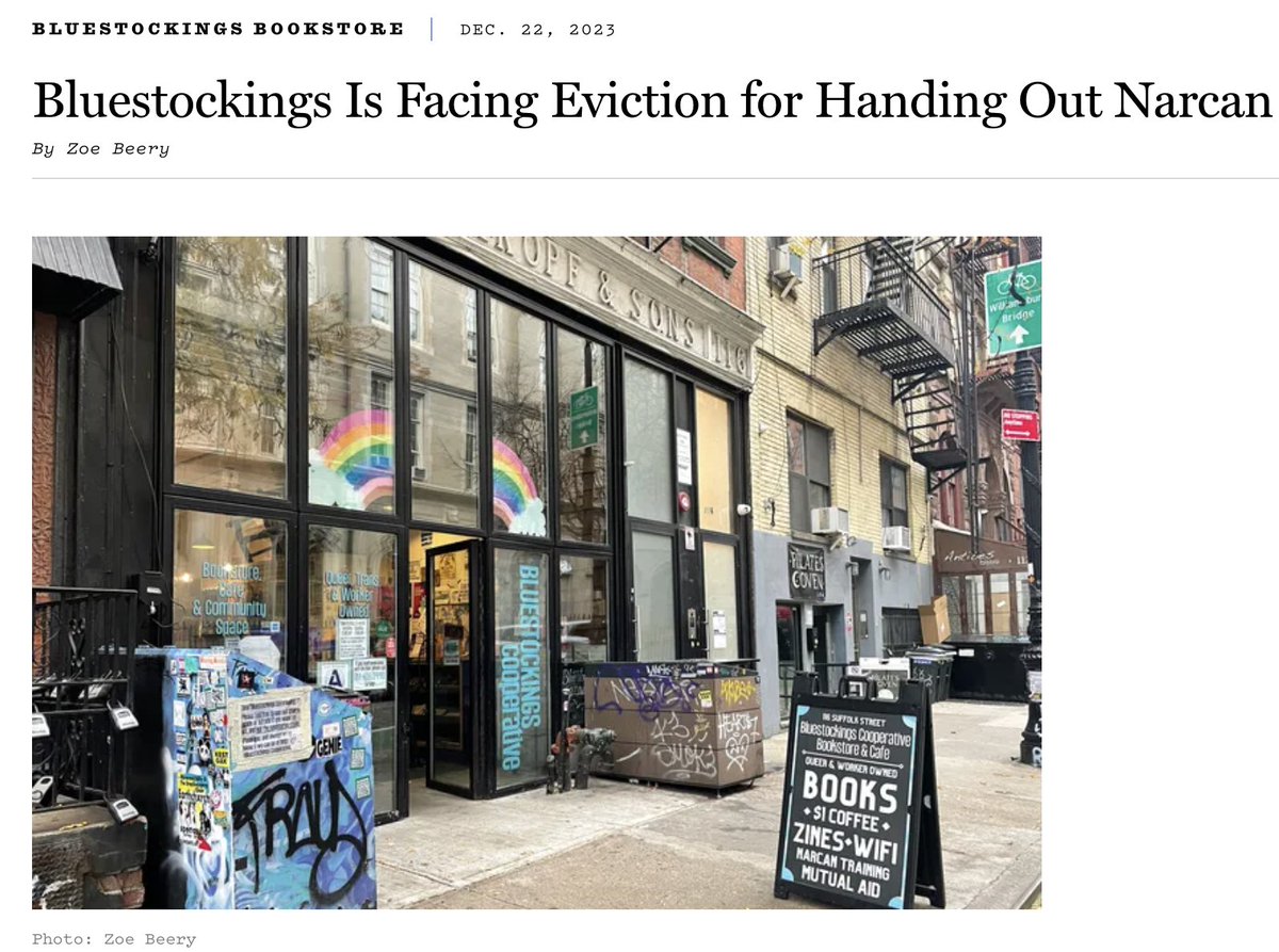 Lower East Side residents are trying to close Bluestockings bookstore because they give out narcan, socks, and toothpaste and let unhoused people go to the bathroom. Vile, disgusting behavior from LES gentrifiers. curbed.com/2023/12/bluest…