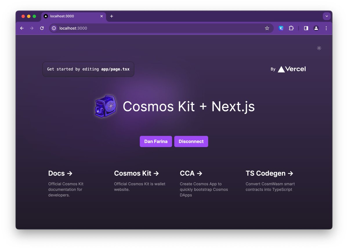Daniel_Farinax's tweet image. Starting an open source Boilerplate for @nextjs 14 and @CosmosKit_ Preview on @vercel:  cosmos-kit.vercel.app
Next: Adding examples of @CosmWasm  contract instantiation and interactions.
Repo: github.com/time-bits/cosm…
Thanks @pyramation &amp;amp; @cosmology_tech team for the support