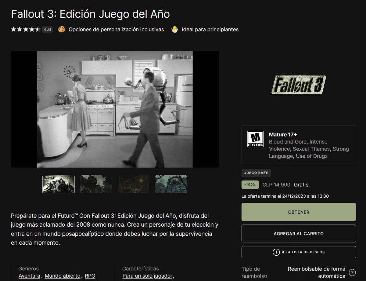 DescuentosRata's tweet photo. 🎮 Fallout 3: Edición GOTY está #toograti en Epic Games hasta la 1pm de mañana 24 de diciembre.

Hay cupón de 33% de dcto para Epic games!
➡️ https://t.co/C6DgbyuaW1

Nuestro código de creador (¡Gracias por apoyarnos!)
✂️DESCUENTOSRATA

Descargar juego
➡️ https://t.co/Y5NAFkHBpP https://t.co/nX4oHATrM0