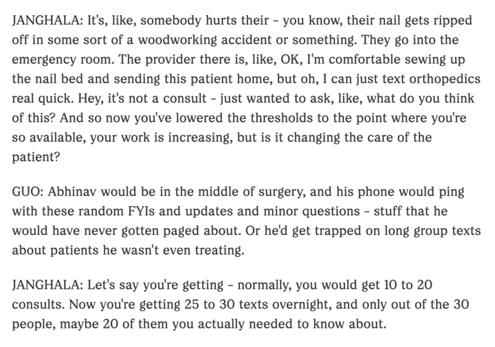 nikillinit's tweet photo. good NPR episode about a hospital that tried to replace pagers with encrypted text messaging and failed

basically the encrypted texts meant the friction was so low to get a consult that people started bombarding the on-call residents and they essentially stopped responding to the texts