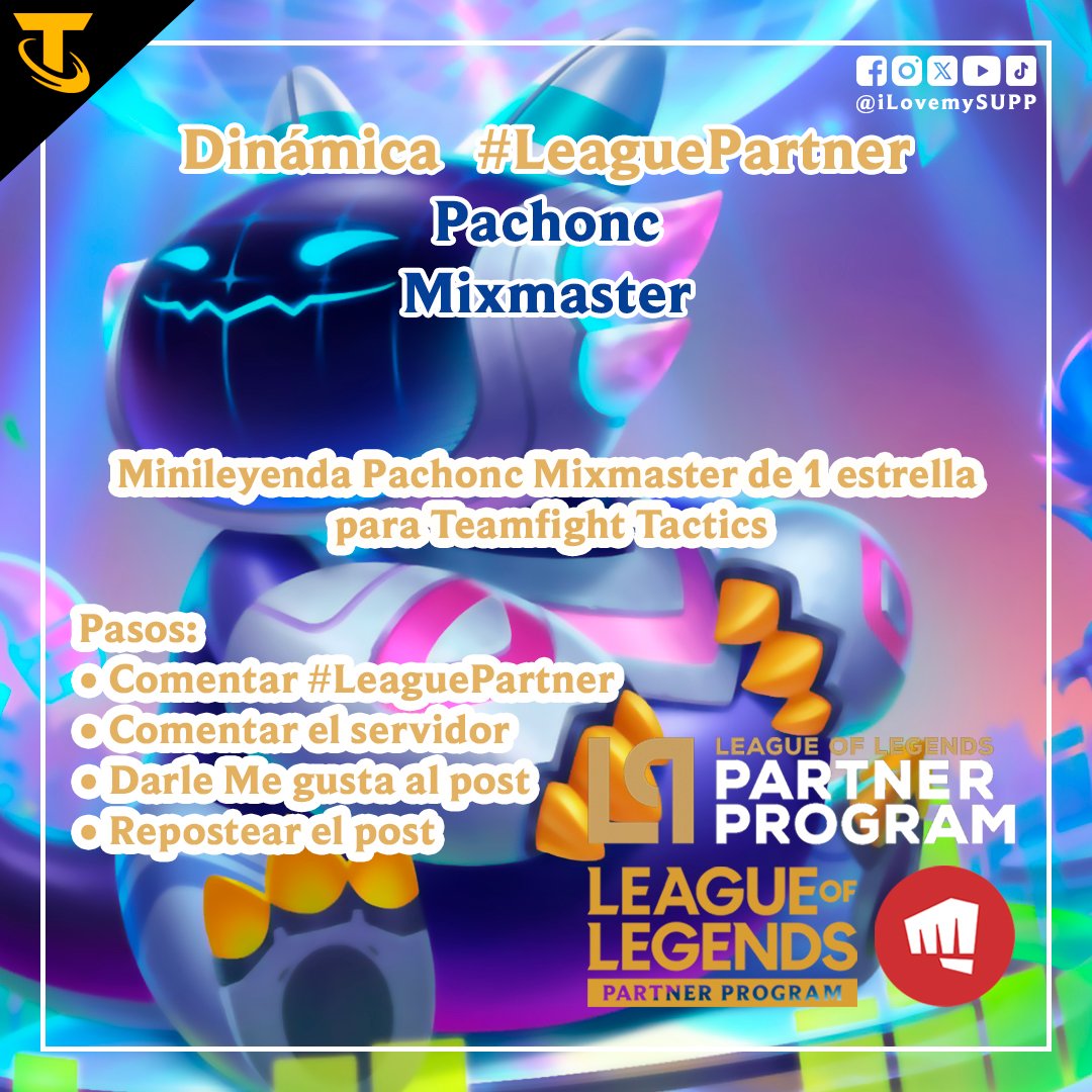 ilovemysupp's tweet photo. Soy parte del Programa de Socios de LoL de Riot Games y ellos me dieron algunos códigos para ustedes.

Pachonc Mixmaster:
• Serán 5 códigos

Los resultados los daré a conocer el lunes 25 de diciembre de 2023.

¡Mucha suerte a todos!

#TeamfightTactics #LeaguePartner https://t.co/swAT9gqR4A