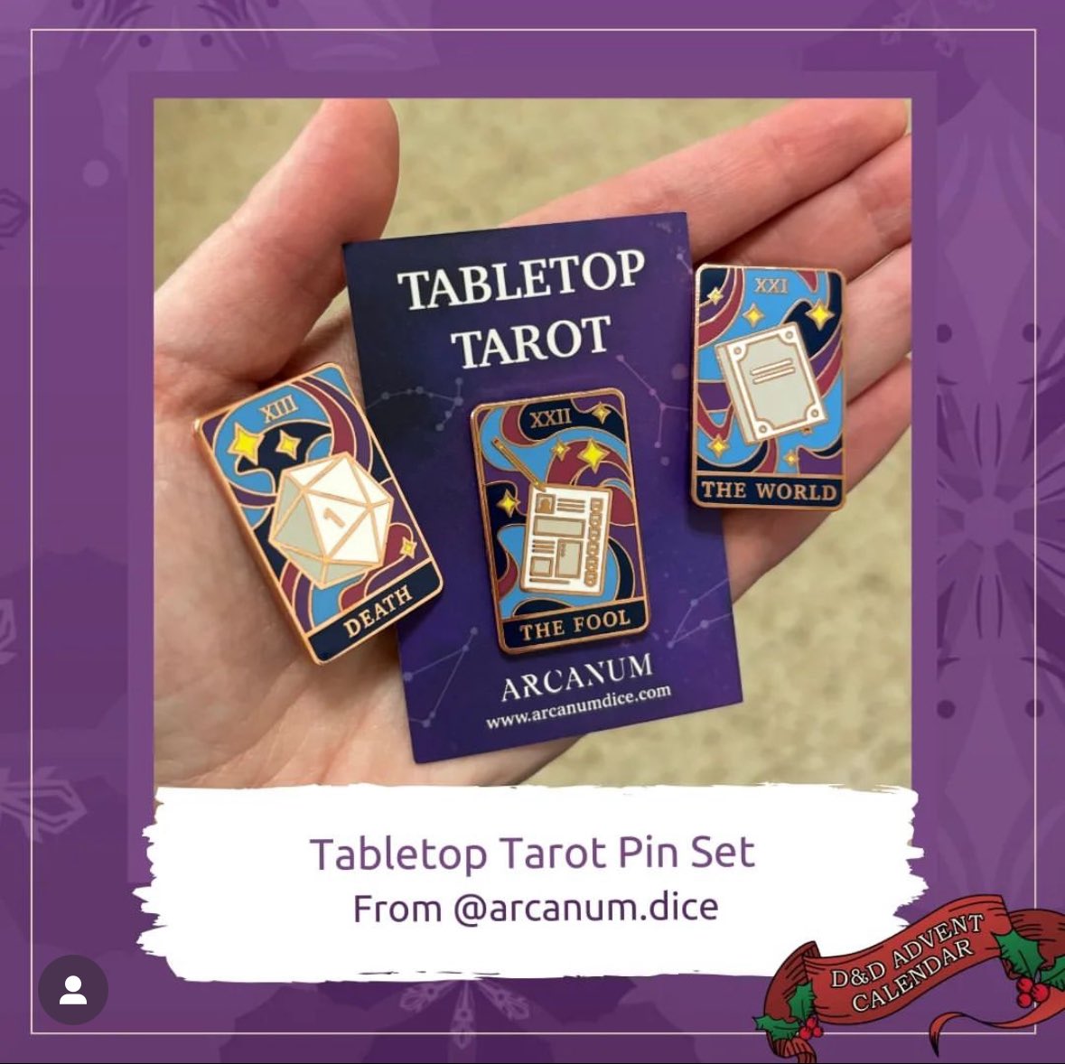 ArcanumDice's tweet photo. GIVEAWAY ALERT! Head over to @TabletopCrafter or @TTCreatorHub on Instagram TODAY (Dec 23) for a chance to win my complete Tabletop Tarot pin set. 🔮 This is your ONLY chance to win these three pins together, because The World is getting a redesign in the next production run! ✨ https://t.co/ZkoVafMSNC