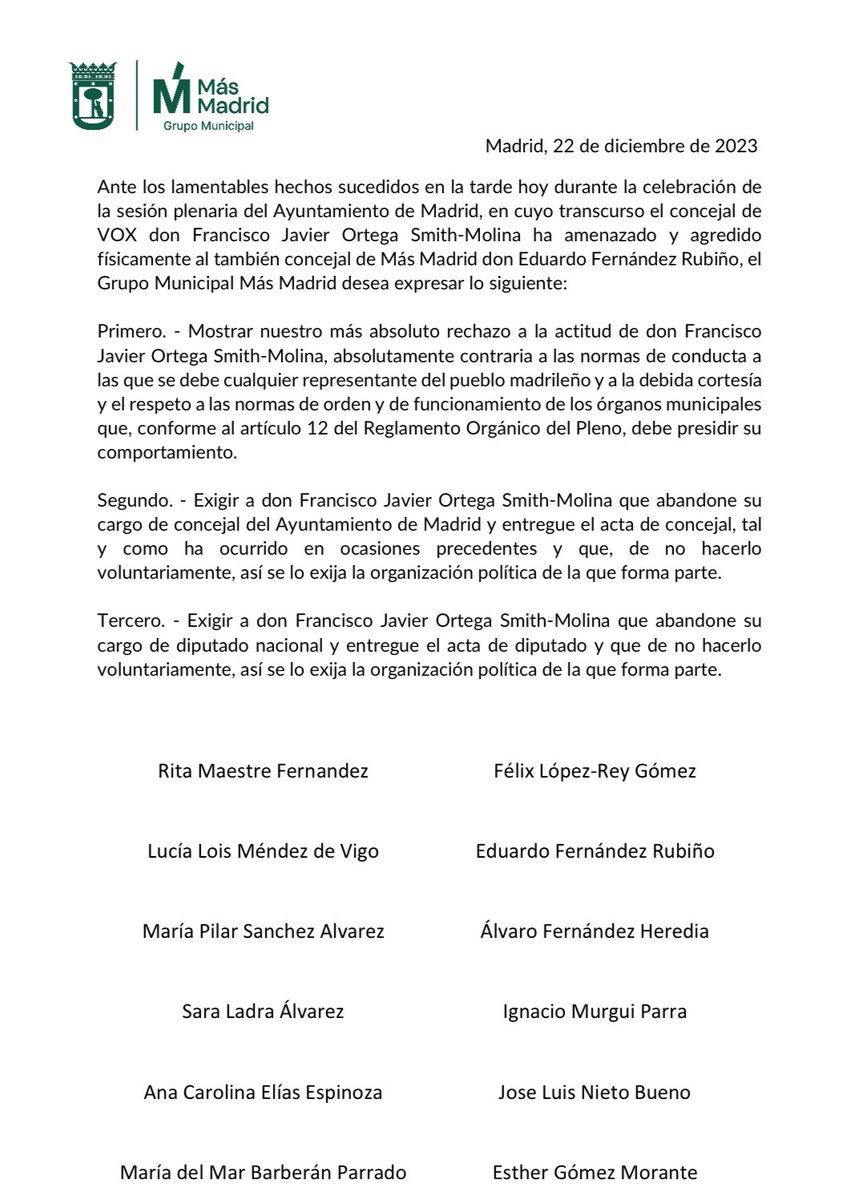 Ni un minuto más dentro del Ayuntamiento de Madrid. Registramos escrito exigiendo la dimisión de Ortega Smith como concejal y como diputado. Las agresiones violentas no tienen cabida en las instituciones democráticas.