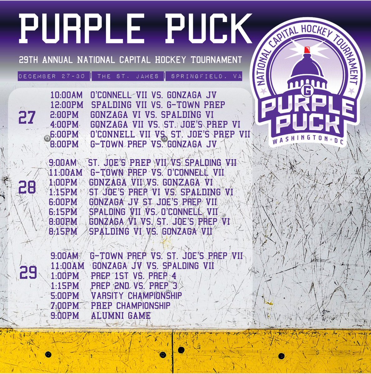 The schedule is out for the 29th Annual National Capital Hockey Tournament taking place at The St. James in Springfield, VA