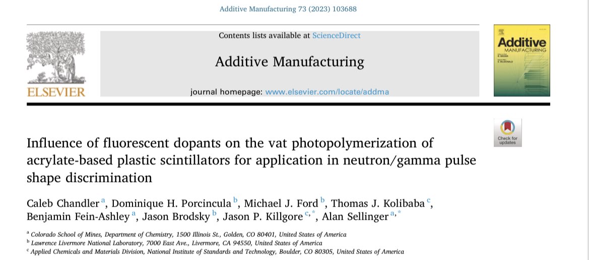 Sellinger_Group's tweet photo. Congratulations to Caleb Chandler and Dr. Kuvayskaya for their recent publications!!

Dr. Kuvayskaya’s work on phosphonic acid esters in @InorgChem and vinyl phosphonate anions in @ChemicalScience.

Caleb Chandler’s work on plastic scintillators in @AdditiveJournal and in NIM-A. https://t.co/Ou4RzLGARR