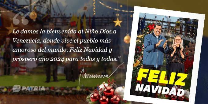 Del 23 al 30 de diciembre de 2023 se estara entregando el Bono Feliz Navidad por un monto de Bs. 177,50 a traves de la plataforma PATRIA.

#veqr
#bono
#patria
#venezuela
#nicolasmaduro
#carnetdelapatria
#somosvenezuela
#NavidadOchoPalabras