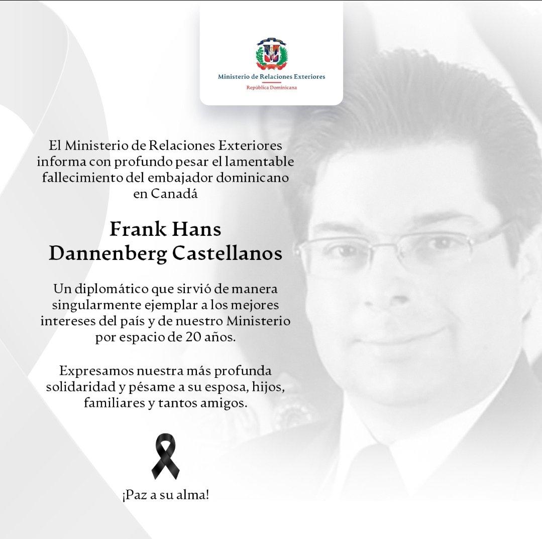 RDenRusia's tweet photo. La Embajada de la República Dominicana en Rusia informa con profundo pesar el lamentable fallecimiento del embajador dominicano en Canadá, Frank Hans Dannenberg Castellanos, exembajador dominicano en Rusia. https://t.co/EFm5VOOhQT