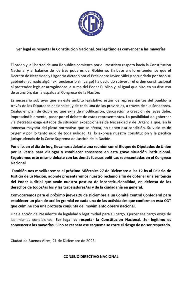 Adherimos a la movilización convocada por la CGT del miércoles 27 a las 12 hs. a tribunales, para reclamar que se declare inconstitucional el DNU ilegal dictado por el presidente.

Defendamos nuestros derechos y protejamos nuestra Argentina.
<a href="/igualarnacok/">Igualar Nacional</a> <a href="/CarmelaMoreauOk/">Carmela Moreau</a>