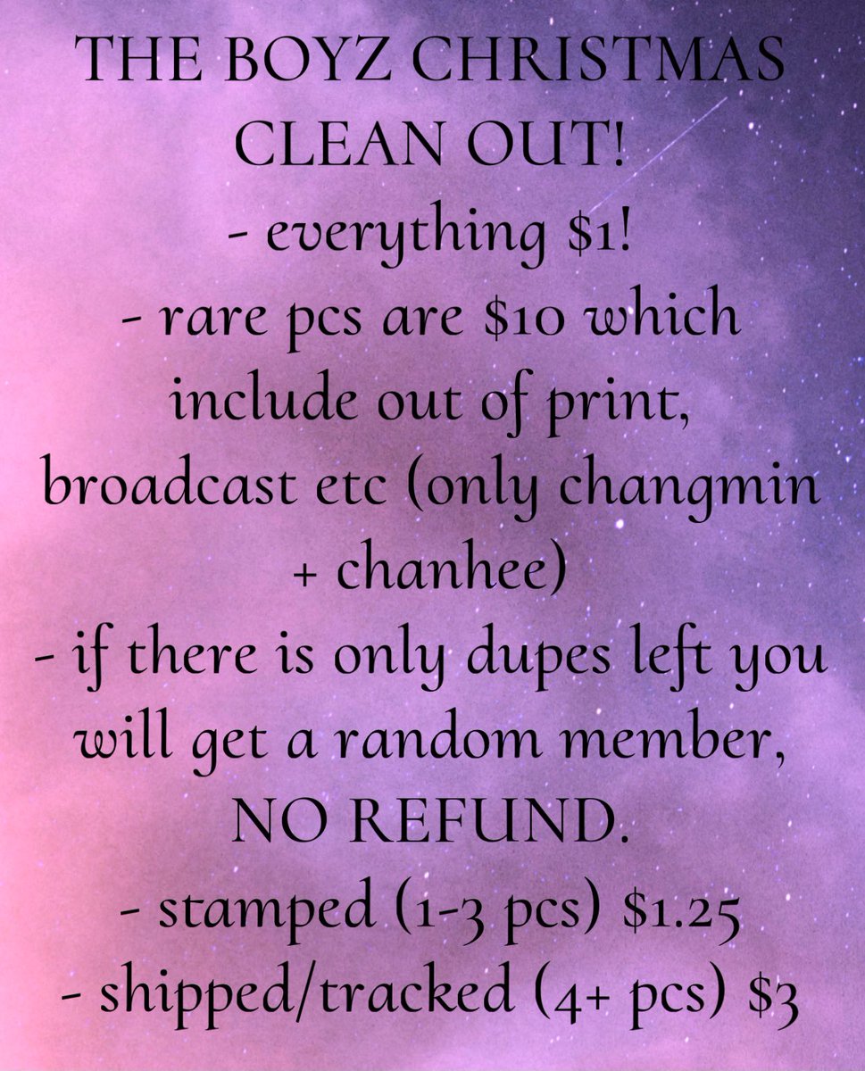 riizegos's tweet photo. the boyz christmas CLEAN OUT LUCKY DRAW!

— EVERYTHING $1!

- stuff that doesn’t get sold in 1-2 months will be thrown away 
- stamped or tracked must be applied! 
- stuff from almost every era 
- everything is ON HAND 

— FORM: https://t.co/SXlWFvZ5lw

#THEBOYZ #더보이즈 https://t.co/S0KWerNhkp