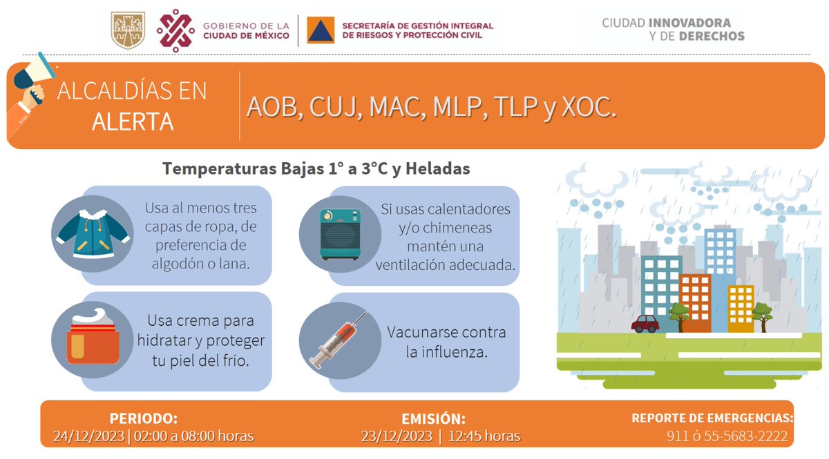 SGIRPC_CDMX's tweet photo. Se activa #AlertaNaranja por pronóstico de temperaturas bajas y heladas para el amanecer del domingo 24/12/2023, en las demarcaciones: @AlcaldiaAO, @AlcCuajimalpa, @ALaMagdalenaC, @GobMilpaAlta, @TlalpanAl y @XochimilcoAl. #PronósticoDelTiempo #LaPrevenciónEsNuestraFuerza https://t.co/6IFN9EWY0A