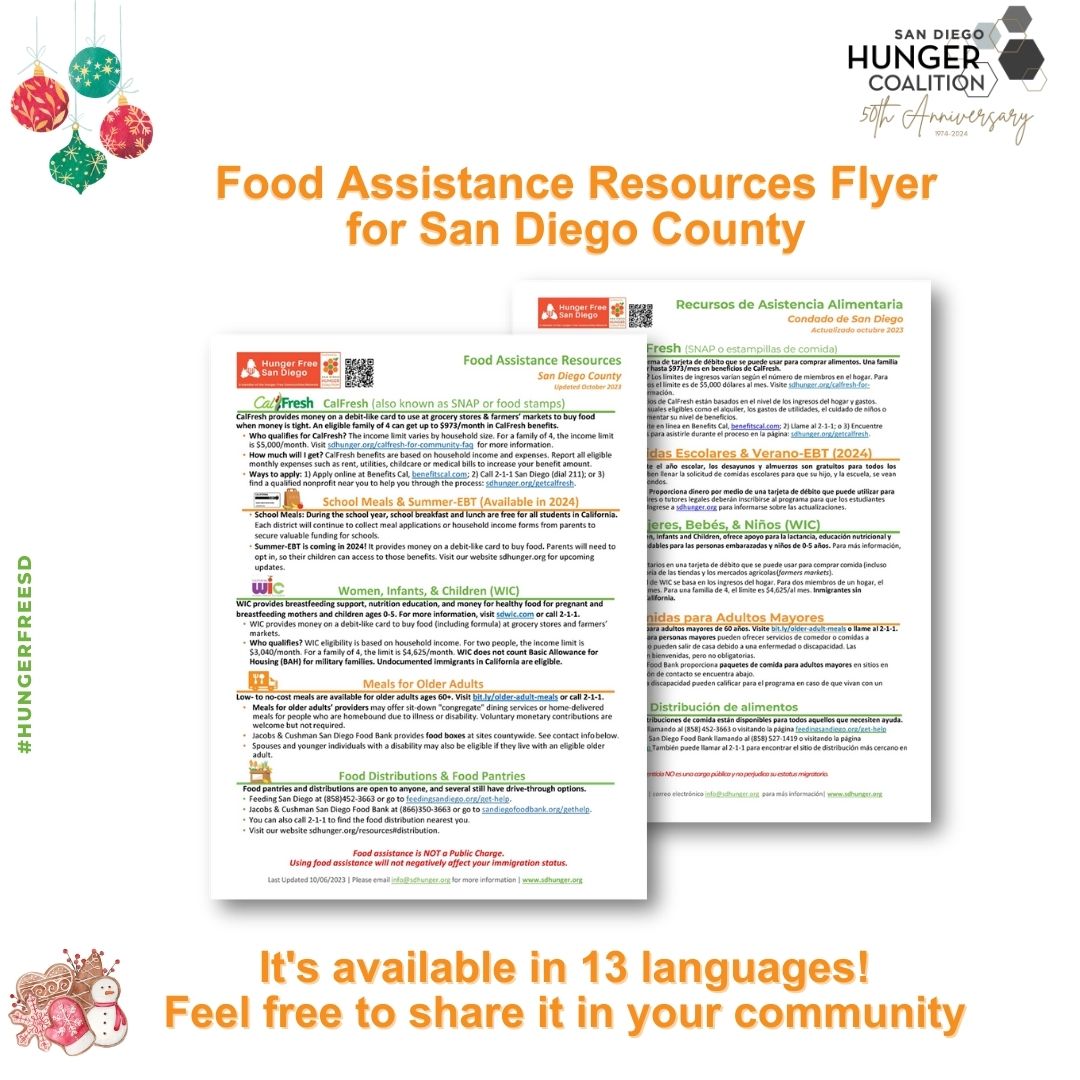 SDHungerCo's tweet image. This flyer describe each food assistance resource available in San Diego County. 

Please share the flyer in your community!😄

Find the flyers available in 13 different languages at,
sandiegohungercoalition.org/food-assistanc…

#HungerFreeSD
