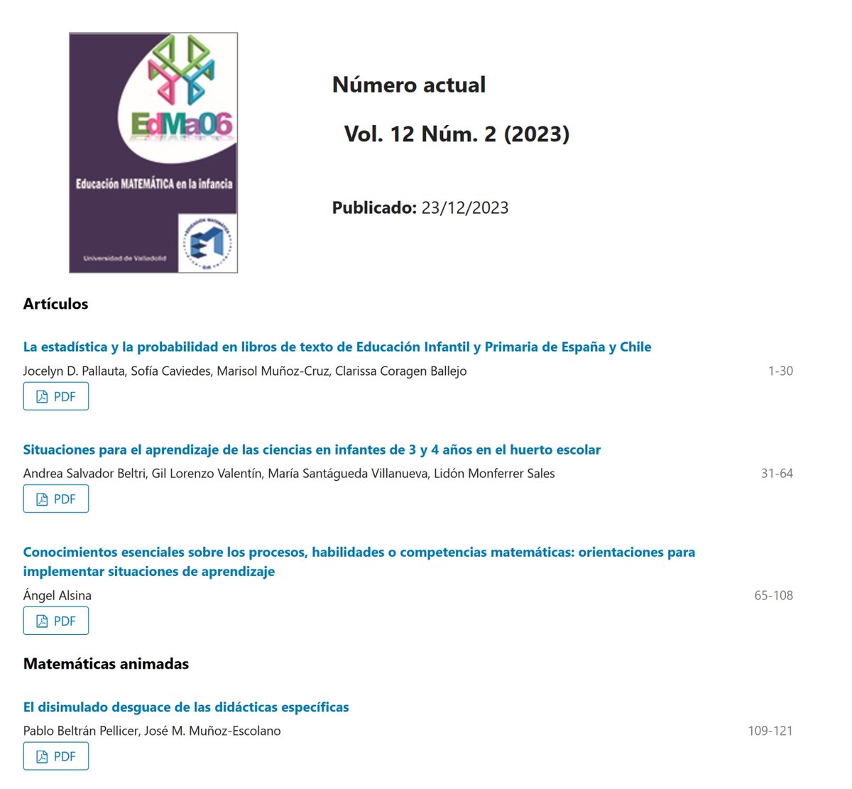 ¡Nuevo número de Edma 0-6: Educación Matemática en la Infancia! 
revistas.uva.es/index.php/edma…
Tres artículos: Pallauta et al. (tareas en libros de texto), Salvador et al. (huerto escolar en Infantil y <a href="/AngelAlsinaP/">Angel Alsina</a> (procesos matemáticos clave)
Y sección provocativa de <a href="/pbeltranp/">Pablo Beltrán-Pellicer 🧮🍏</a>