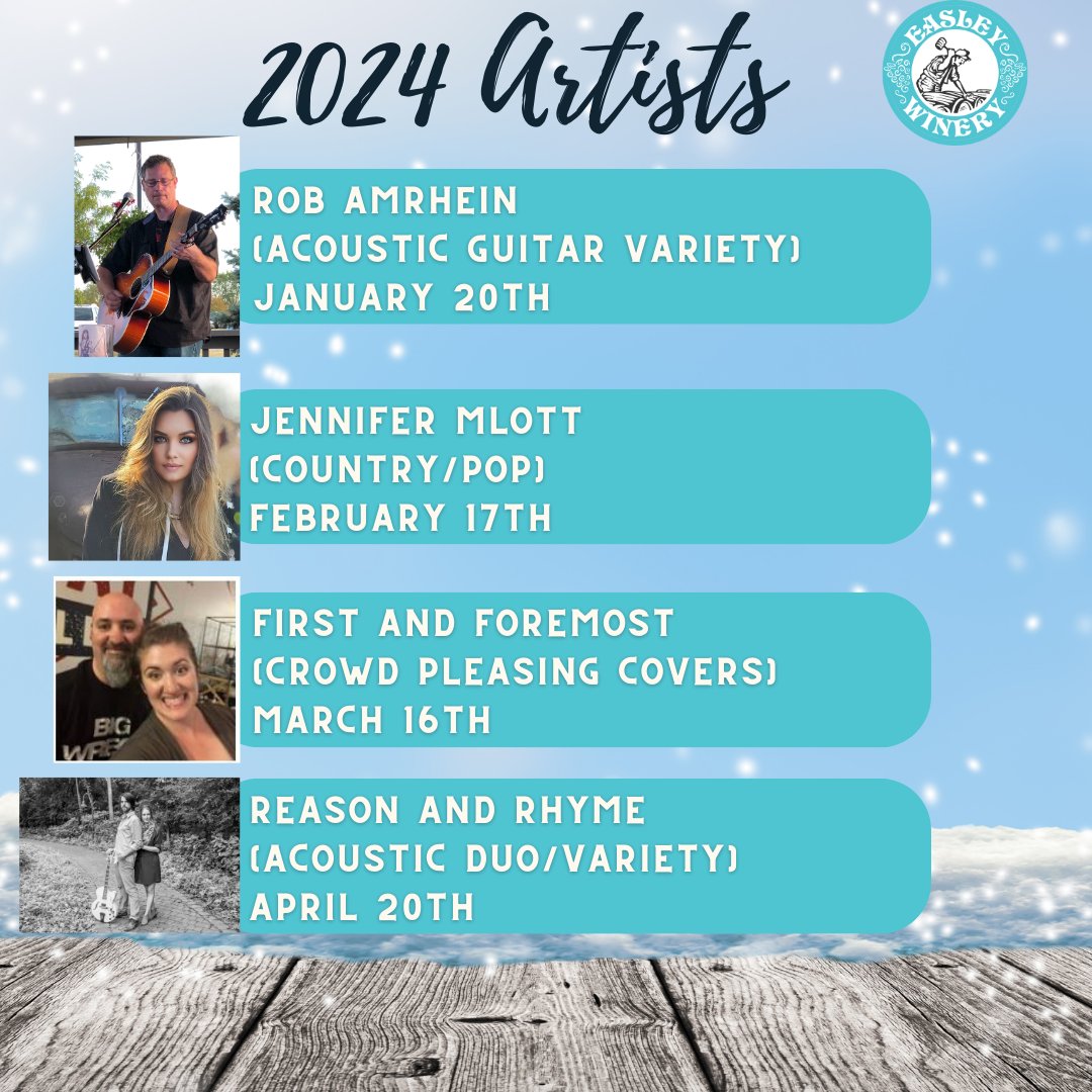 EasleyWinery's tweet photo. We're excited to announce our lineup for the 2024 Groovin' on Ice Winter Music Series! Join us on Sa 1/20, 2/17, 3/16, &amp; 4/20 to heat up the winter!
#EasleyWinery #DowntownIndy #VisitIndy #LoveIndy #DrinkLocal #YelpIndy #do317 #AroundIndy https://t.co/3icTKCKKNI