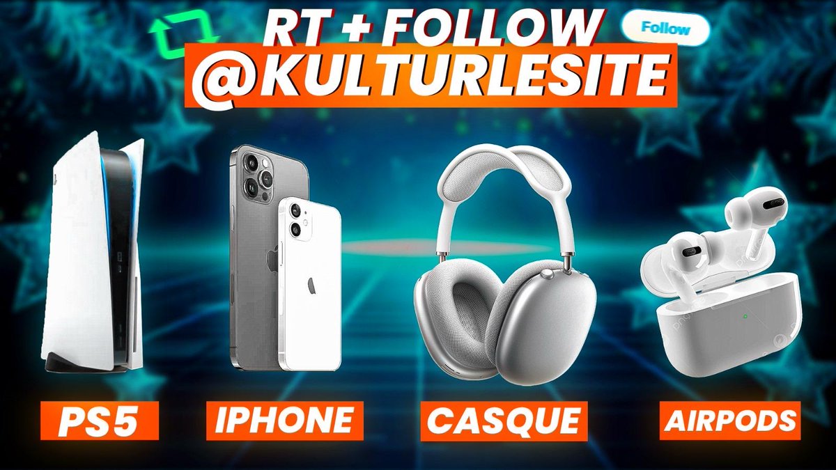 🚨 CONCOURS DE NOËL 🎅🏼 ! On vous fait gagner ces 4 LOTS : 🎁 LOT 1 : UNE PS5 🎁 LOT 2 : UN IPHONE 15 🎁 LOT 3 : UN CASQUE 🎁 LOT 4 : AIRPODS Pour participer : RT + FOLLOW @Kulturlesite_ Mentionne un ami en commentaire.