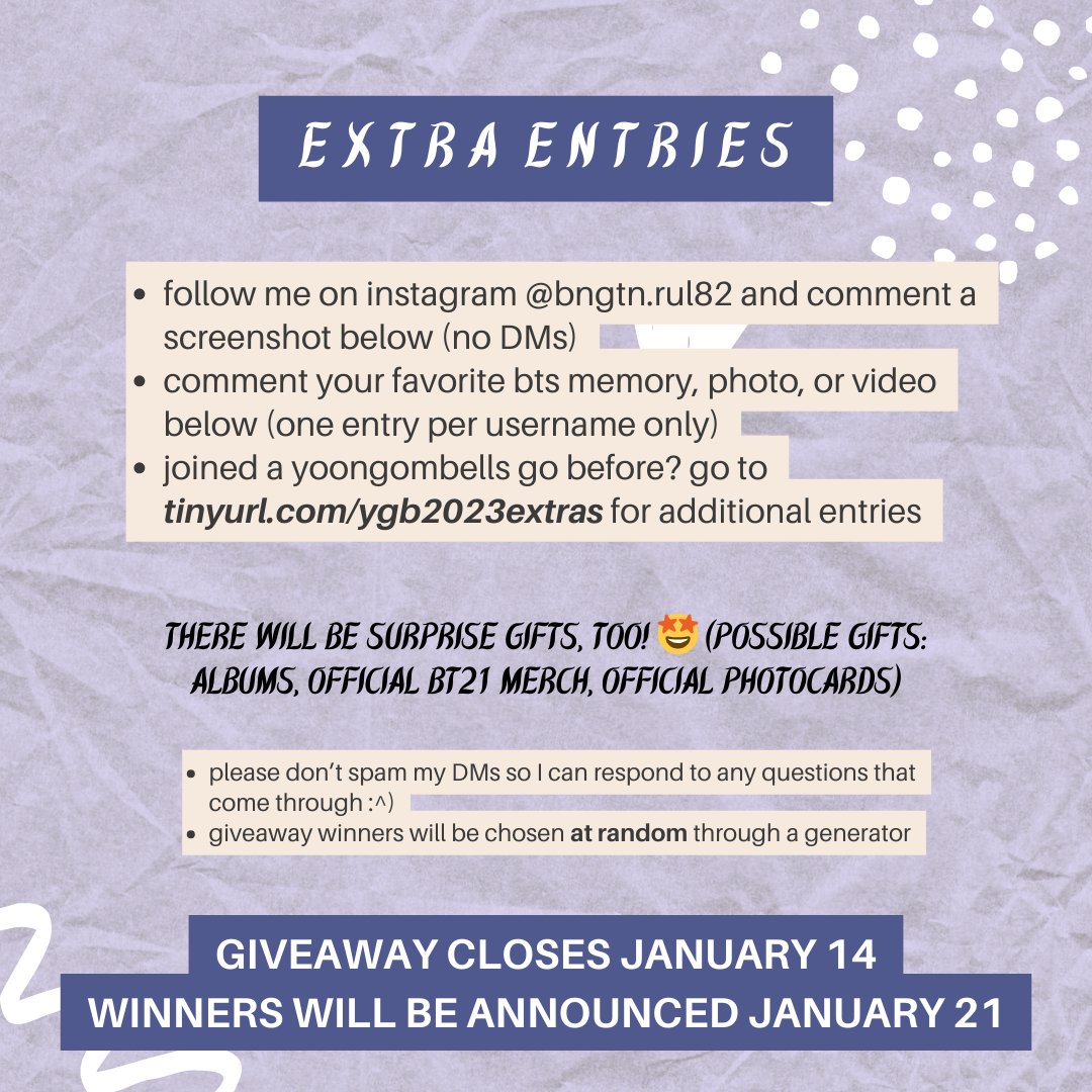 yoongombells's tweet photo. **GIVEAWAY CLOSES JANUARY 14**

PLEASE READ RULES BELOW :P

- USA only
- retweet the giveaway tweet ^^
- must be following me

extra entries:
- follow me on ig: bngtn.rul82
- comment ur fav bts content
- GO JOINERS: go to https://t.co/TQxlAYx2py for additional entries 🤭 https://t.co/PcEJLP90tN