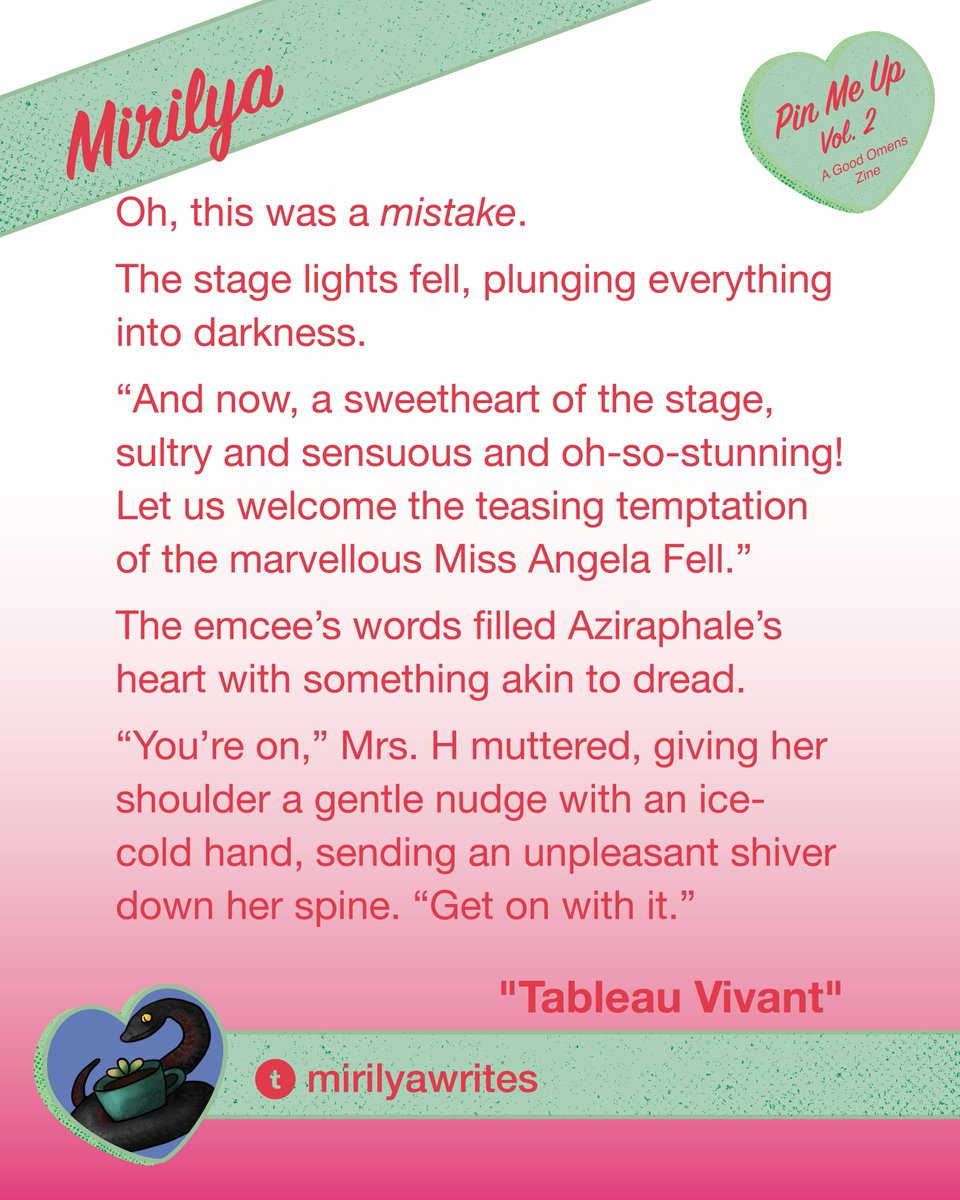 ZinePin's tweet photo. Our writers' grand finale! Spotlight's up on @mirilya_writes, with Aziraphale's spicy "Tableau Vivant" in the Windmill Theatre!

Preorders end TOMORROW, Good Omens fans! Shop at: https://t.co/hqqS8osmJA https://t.co/WLWmofjN4O