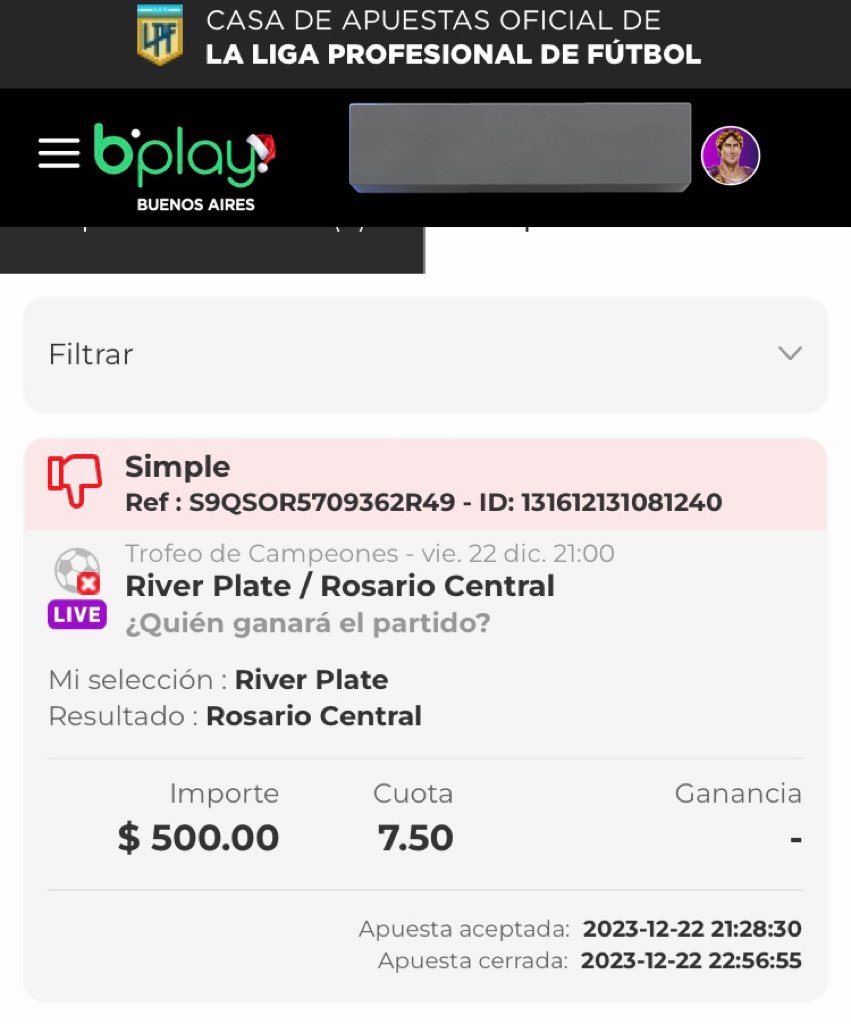 cesarst1's tweet photo. @bplay_ar no te paga la apuesta por error de ellos, te coloca a Rosario Central como ganador en lugar de River y cuando reclamas te devuelve la apuesta pero no te da la ganancia
UN PAPELÓN
@RosarioCentral @RiverPlate 
@EdelpOficial @LigaAFA https://t.co/rgyqacjLN5