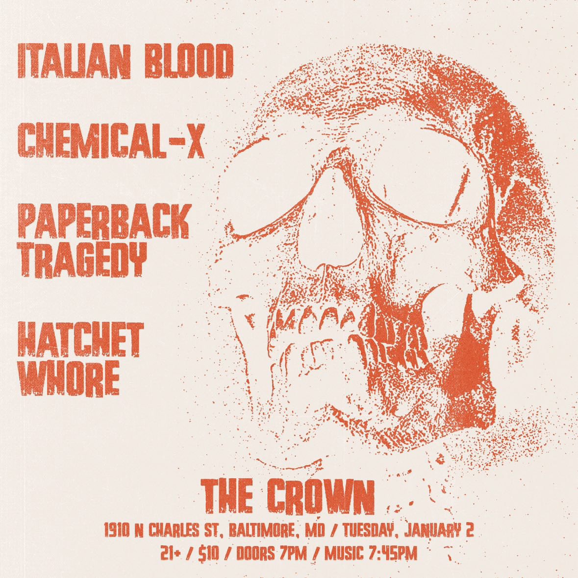 Next show Jan 2nd!
Our Paisans @chemicalxnj on tour!
With friends @paperback_tragedy @hatchet_whore

@thecrownbaltimore Downstairs room!

#punk #punkshow #punkrock #italian #punkhardcore #thecrown #italianblood #italianbloodpunkband