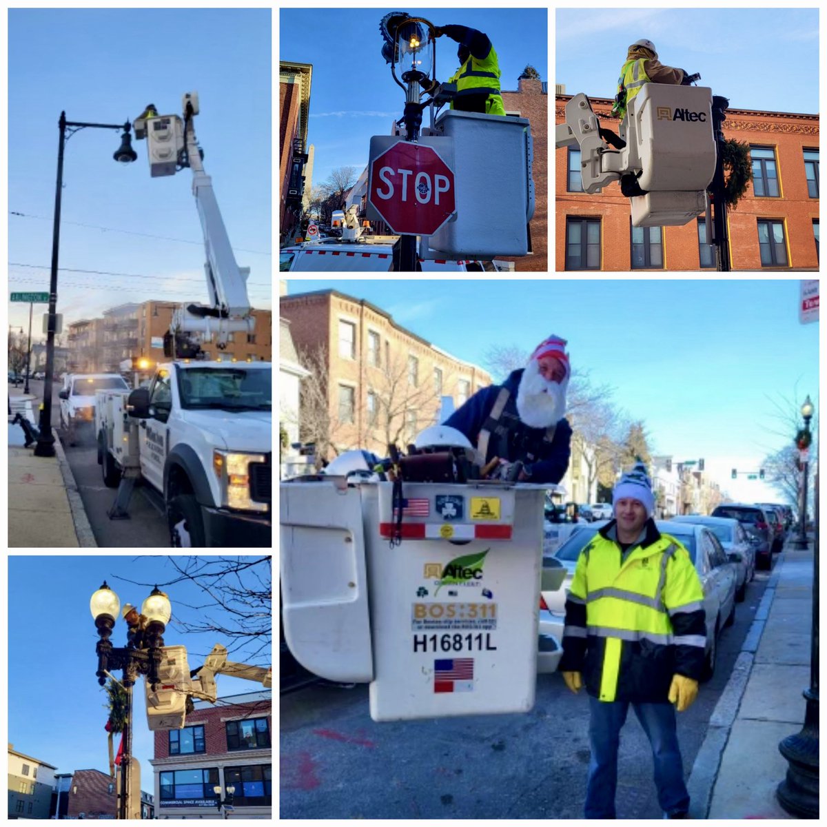 In addition to spreading some #Christmas cheer, our Street Lighting Division is performing routine maintenance to gas lights in #Charlestown, and replacing fixtures on West Broadway in #SouthBoston &  River St. in #HydePark. 💡 🎅