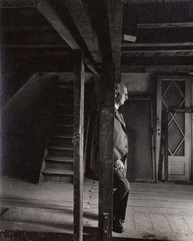 Anne Frank's father, Otto, visits the attic where they hid from the Germans in World War II. He stands alone as he is the only member of his family to have survived the Holocaust, 1960 .   

This picture was taken in 1960 in the Netherlands, where the Frank Family hid from German