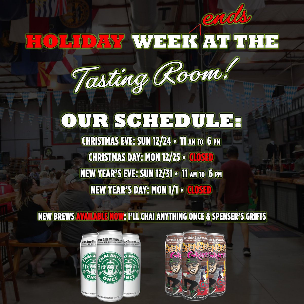 Happy Holidays! We will be closing early on The Eves &amp; closed on The Days. If you need a last minute gift of beer, merch, or a gift card - come and get ‘em! 🎁🍻🎅🏻