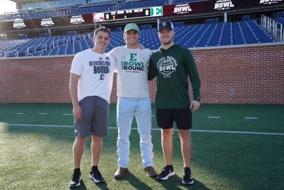 Trenton Dupper speaking at the EMU team chapel last night, meeting up with former players and now coaches Sam Murray and Cole Littleton for the Lending tree bowl game! #PEV