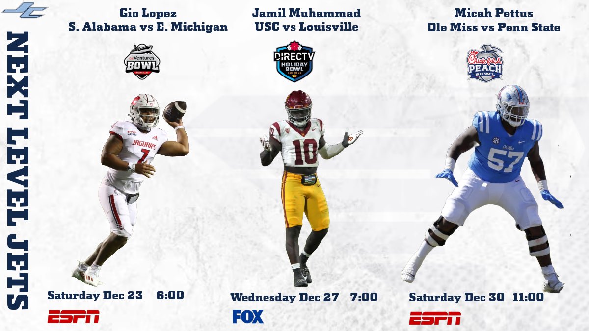 Good luck to all of the Next Level Jets this bowl season! #BuiltOnCountyLine #NextLevelJets <a href="/lopezgio1/">Gio Lopez 7️⃣</a> <a href="/j9mil___/">Jamil “MoneyMil” Muhammad</a> <a href="/micahpettus2/">Micah Pettus 🔝</a>