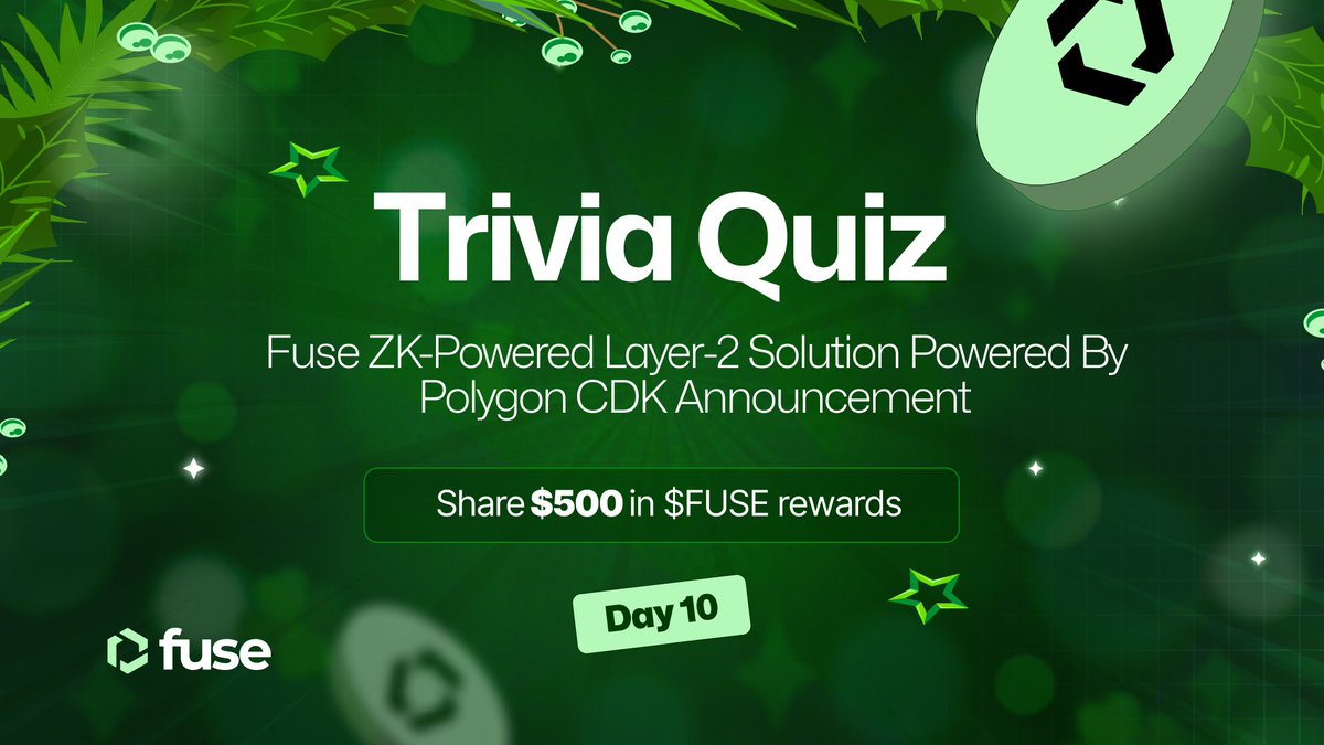🎅 It's Day 10 of our #12DaysofGiveaways! 

We're excited to bring you a Trivia Quiz based on the announcement of plans to build a Fuse ZK-Powered Layer-2 solution powered by Polygon CDK.

💰 Prize pool: $500 in $FUSE tokens.
👉 Participate: eu1.hubs.ly/H06Myhg0

#FuseMas