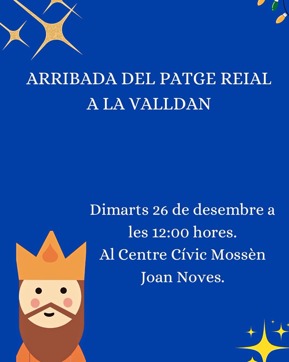 avvlavalldan's tweet photo. Arriba el Nadal a La Valldan i també l’arribada del patge de ses majestats els Reis d’Orient. 👑

📍Si ja teniu les cartes apunt, ens veiem el proper 26 de desembre al centre cívic Mosen Joan Noves de La Valldan. 📝

El patge us hi espera!🎄✉️ https://t.co/sFyCVoVIvE