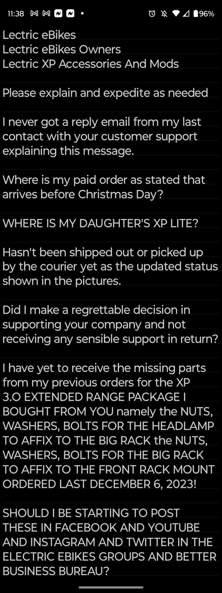 TINO_SY_168's tweet photo. @lectricebikes @lectricebikes  
Lectric eBikes Owners 
Lectric XP Accessories And Mods 

Please explain and expedite as needed

I never got a reply email from my last contact with your customer support explaining this message.

Where is my paid order as stated that arrives before Christmas Day? https://t.co/u3bHAXomN1