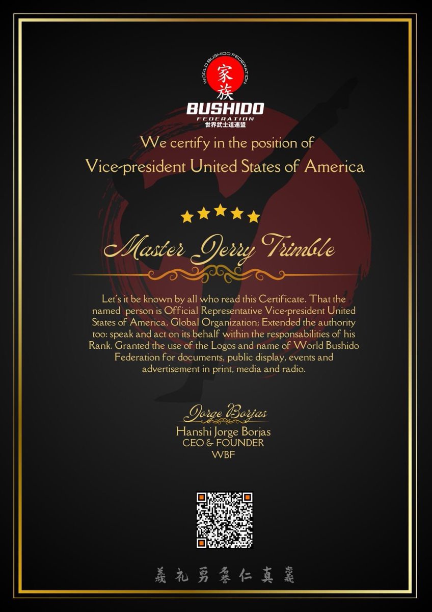 I am extremely honored to be a part of the prestigious World Bushido Federation. I want to express my deepest gratitude to Soheilstar, Jorge A Borjas, and everyone who made this incredible opportunity possible. This is truly an amazing way to start the new year. #grateful