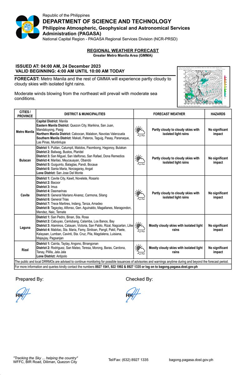 dost_pagasa's tweet photo. REGIONAL WEATHER FORECAST for GREATER METRO MANILA AREA (GMMA) #NCR_PRSD
Issued at: 4:00 AM, 24 December 2023
Valid Beginning: 4:00 AM - 10:00 AM today     

https://t.co/fiReKiC4Ol https://t.co/jw67YzQ9S4