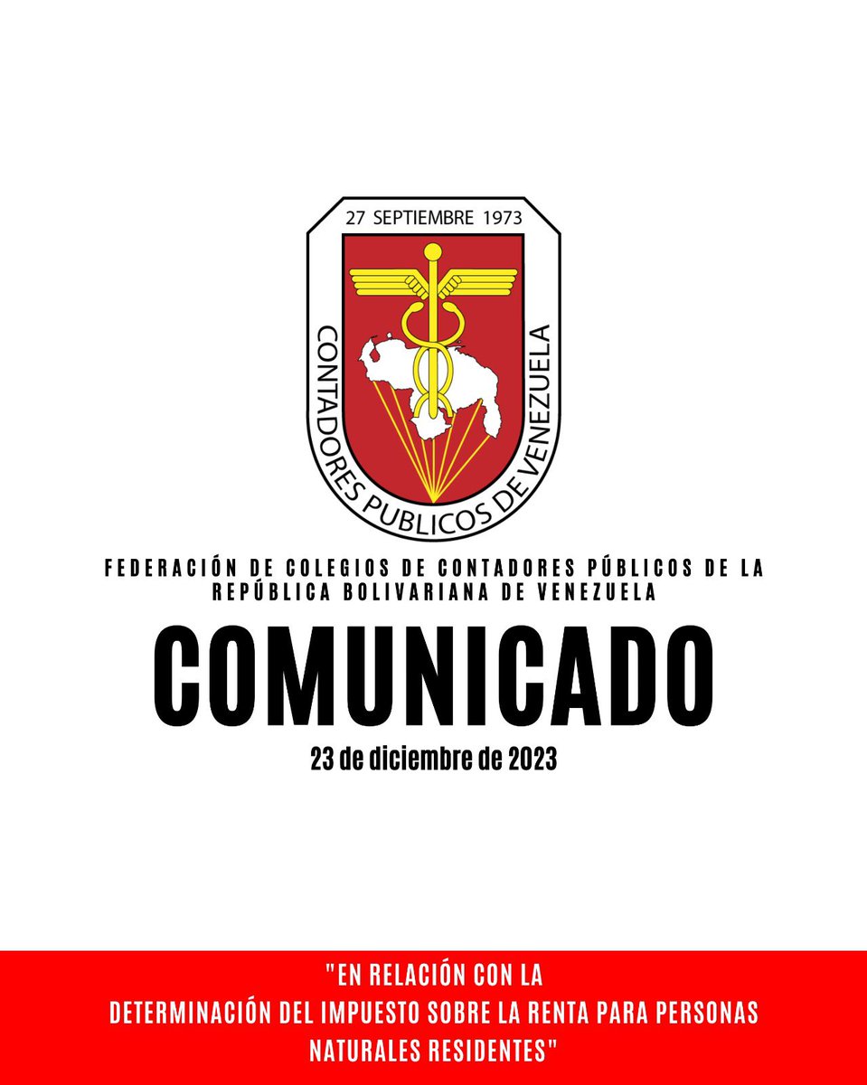 FccpvOficial's tweet photo. 🇻🇪 Comunicado en Relación Con La Determinación Del Impuesto Sobre La Renta De Personas Naturales Residentes Al Cierre Del Ejercicio Fiscal 2023.

Descárgalo aquí: 

https://t.co/fN2Sa4Z7yO https://t.co/HG5dr1pyWe