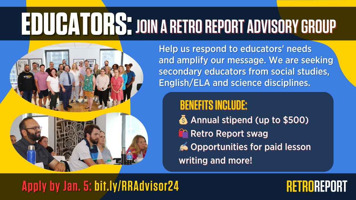 RetroReport's tweet image. Are you a teacher who frequently uses Retro Report in the classroom? We are still accepting new applications for our 2024 Teacher Advisory Teams. As a teacher advisor, you'll receive an annual stipend and other benefits.

Click here to apply: bit.ly/RRAdvisor24.