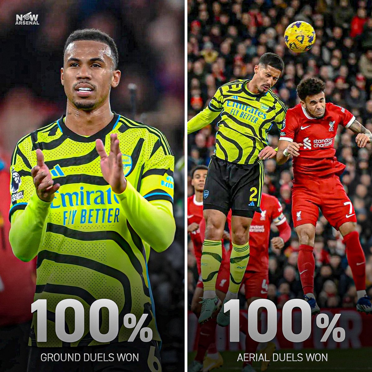 now_arsenaI's tweet photo. Monstrous performance from these two in the Arsenal defence at Anfield this evening.

Gabriel won 100% of his ground duels &amp; William Saliba won 100% of his aerial duels.

Attacks win games, defences win titles. https://t.co/36PO4nwaJx