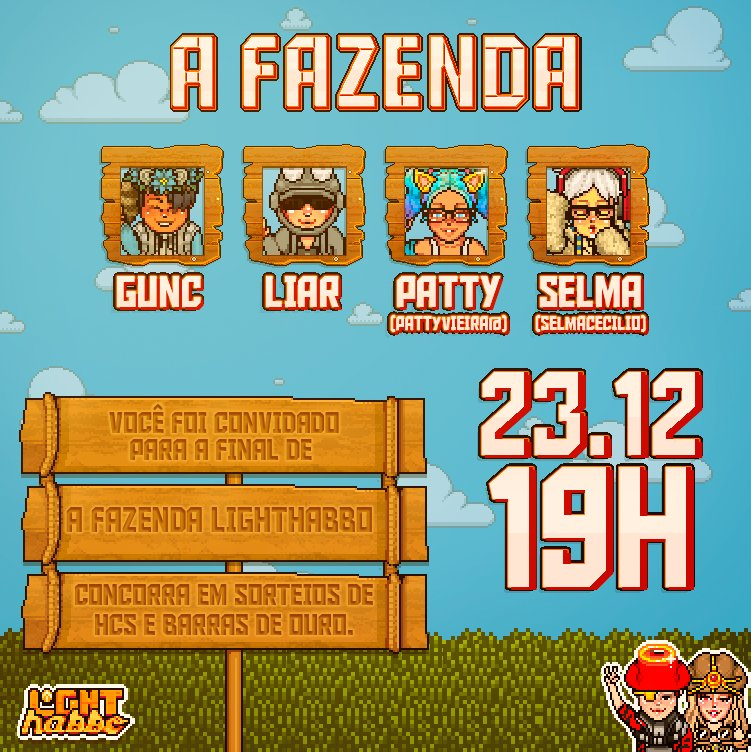 guss_pll's tweet photo. Oii gente, sou um dos finalistas da temporada!! Venham prestigiar esse evento maravilhoso, conto com o apoio de vocês! #TeamLiar 🌶️
A Final da Fazenda LightHabbo, será dia 23/12 às 19H (BR) / 22H (PT).
@JuuhFreireHB
@rockleoandro
@FsLightHabbo
 #AFazendaLTH #FinalAFazendaLTH https://t.co/pmYwjkAPli