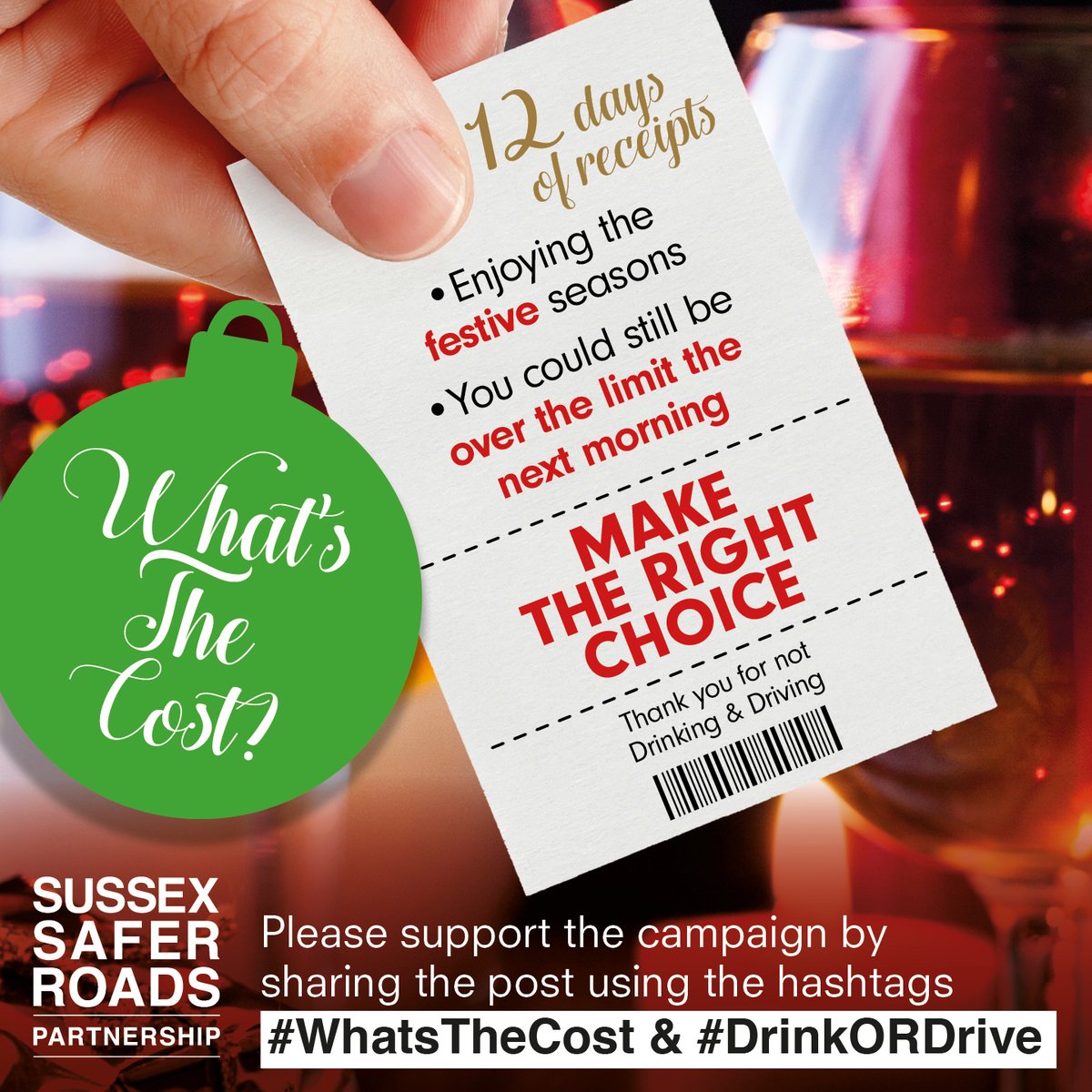 #WhatsTheCost | #DrinkORDrive

MAKE THE RIGHT CHOICE! 

We hope everyone has a safe Christmas. 

#SSRP | #SaferRoads | #RoadSafety | #Sussex | #SafeRoadsForAll