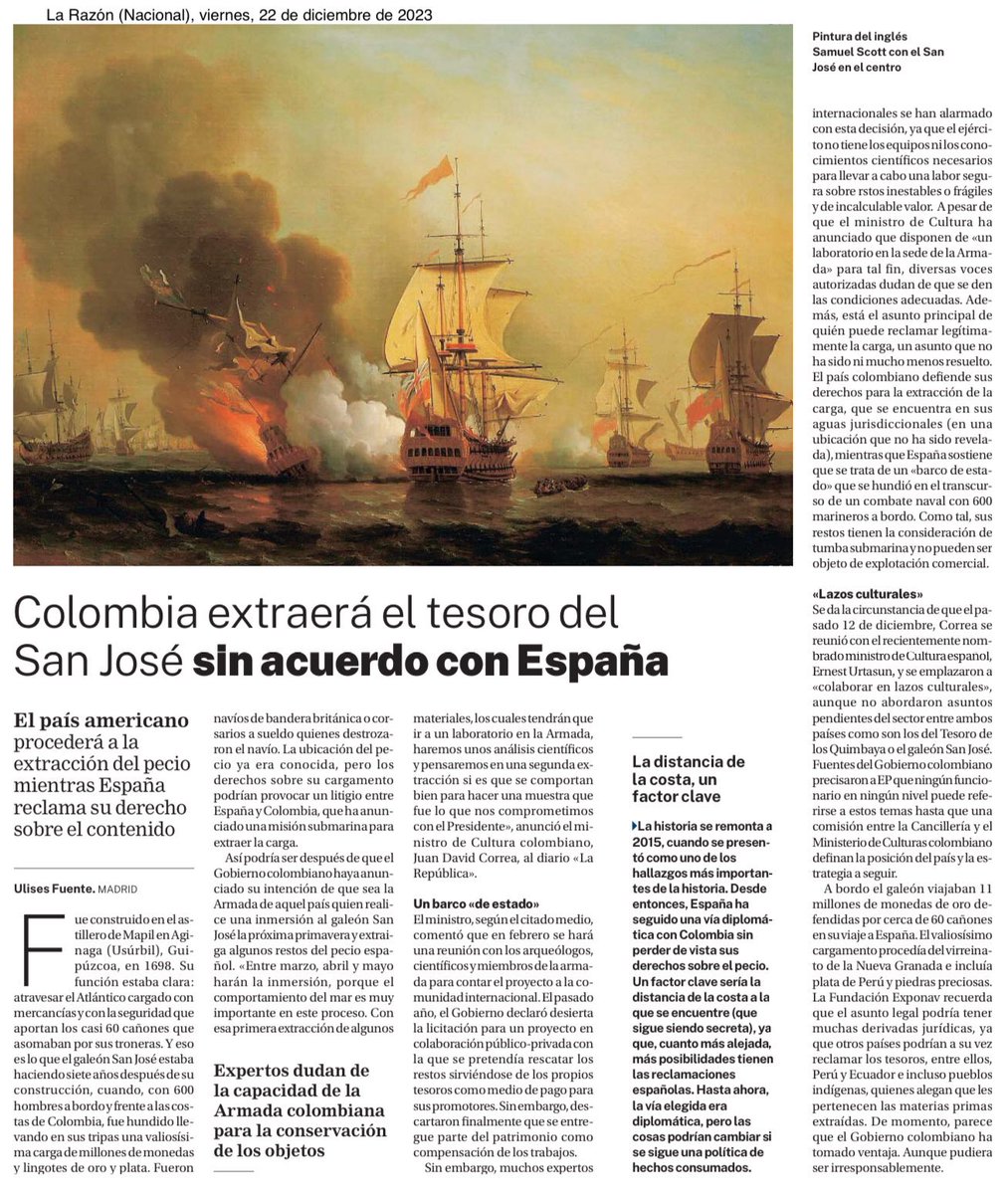 BaturrilloSUB's tweet photo. 🇪🇸🇨🇴 Mala noticia y por 2 motivos: 1º la @UNESCO_es recomienda la conservación in situ, y 2º, qué distancia, es un buque de guerra inviolable, una tumba de españoles. Si hay que extraer algo, hagámoslo juntos: colombianos, españoles e iberoamericanos. @larazon_es https://t.co/WunRZYbQhq