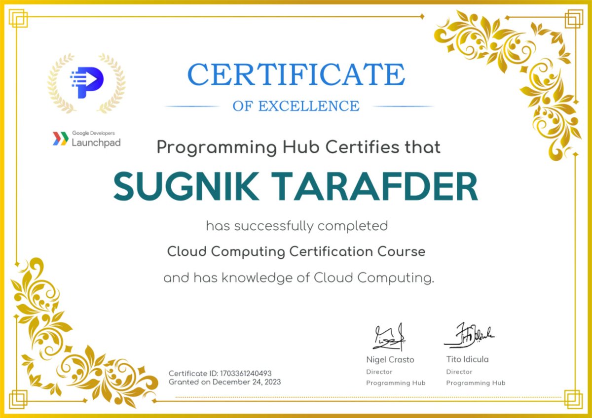 Excited to announce that I've successfully completed Google Developer Launchpad Programming Hub Cloud Computing course! 🚀Equipped with basic knowledge in Cloud Computing. Grateful for the learning journey and eager to apply these insights in real-world scenarios. #cloudcomputing
