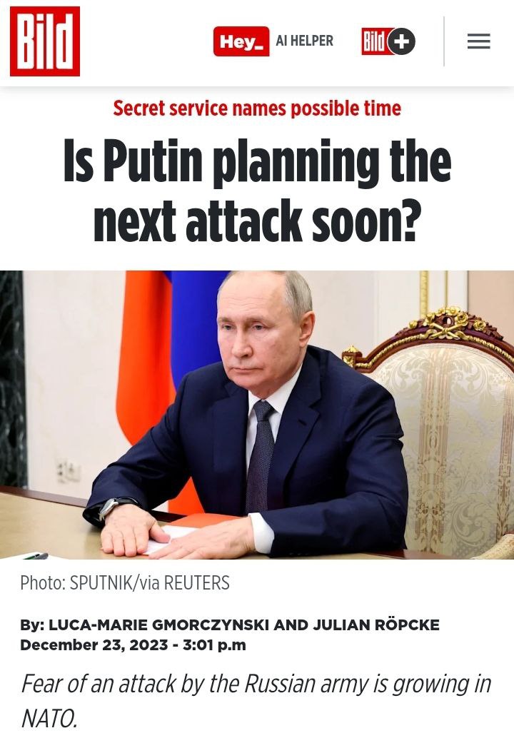 Citing intelligence sources, Germany's BILD is reporting that with US congress now protecting Putin via inaction, frozen by a few MAGA congressmen, Russia plans to attempt a further invasion of Europe through the Baltics in November 2024 if Trump is elected.