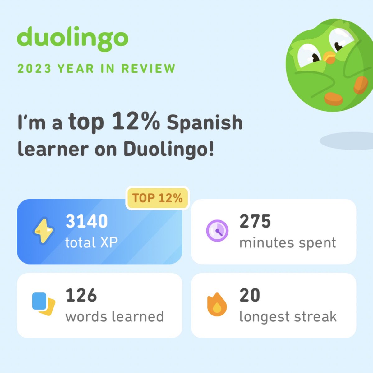 Danigoldenn's tweet photo. Look how much I learned on Duolingo in 2023! How did you do? #Duolingo365 https://t.co/gVlcjY0sDL