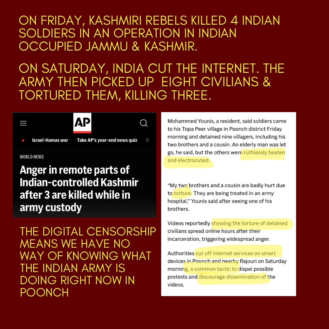 Dangerous developments in Indian occupied Kashmir. Remember, the Indian army operate under special laws that grants them impunity, they also cut the internet/communications to ensure their war crimes aren’t captured & shared easily with the rest of the world.