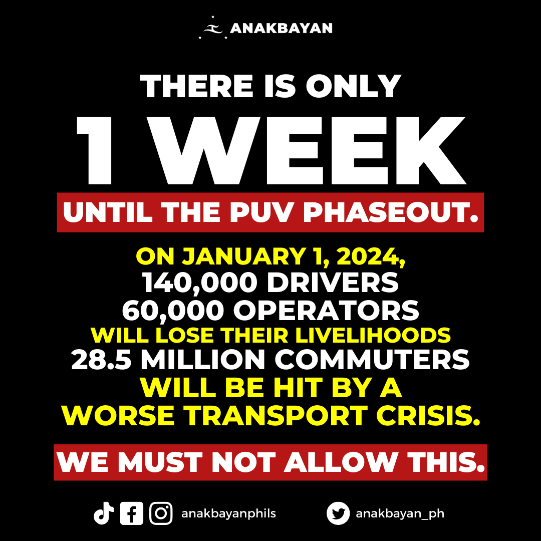 ISANG LINGGO NALANG, PUV PHASEOUT NA.

Bisperas na ng pasko, pero hindi natin ito ramdam dahil pagsapit ng January 1, 2024, 200,000 tsuper at operator ang wala nang kabuhayan. 

#NoToJeepneyPhaseout 
#NoToPUVPhaseout