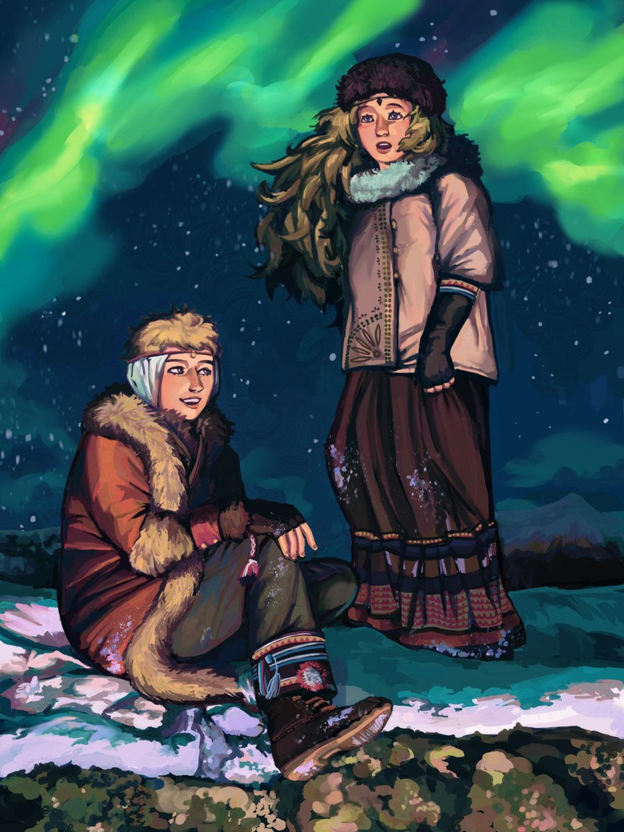 owain and ophelia enjoying the northern lights, a piece i cooked up for #secretanna this year - a fire emblem themed gift exchange hosted by @fecompendium ✨🎄